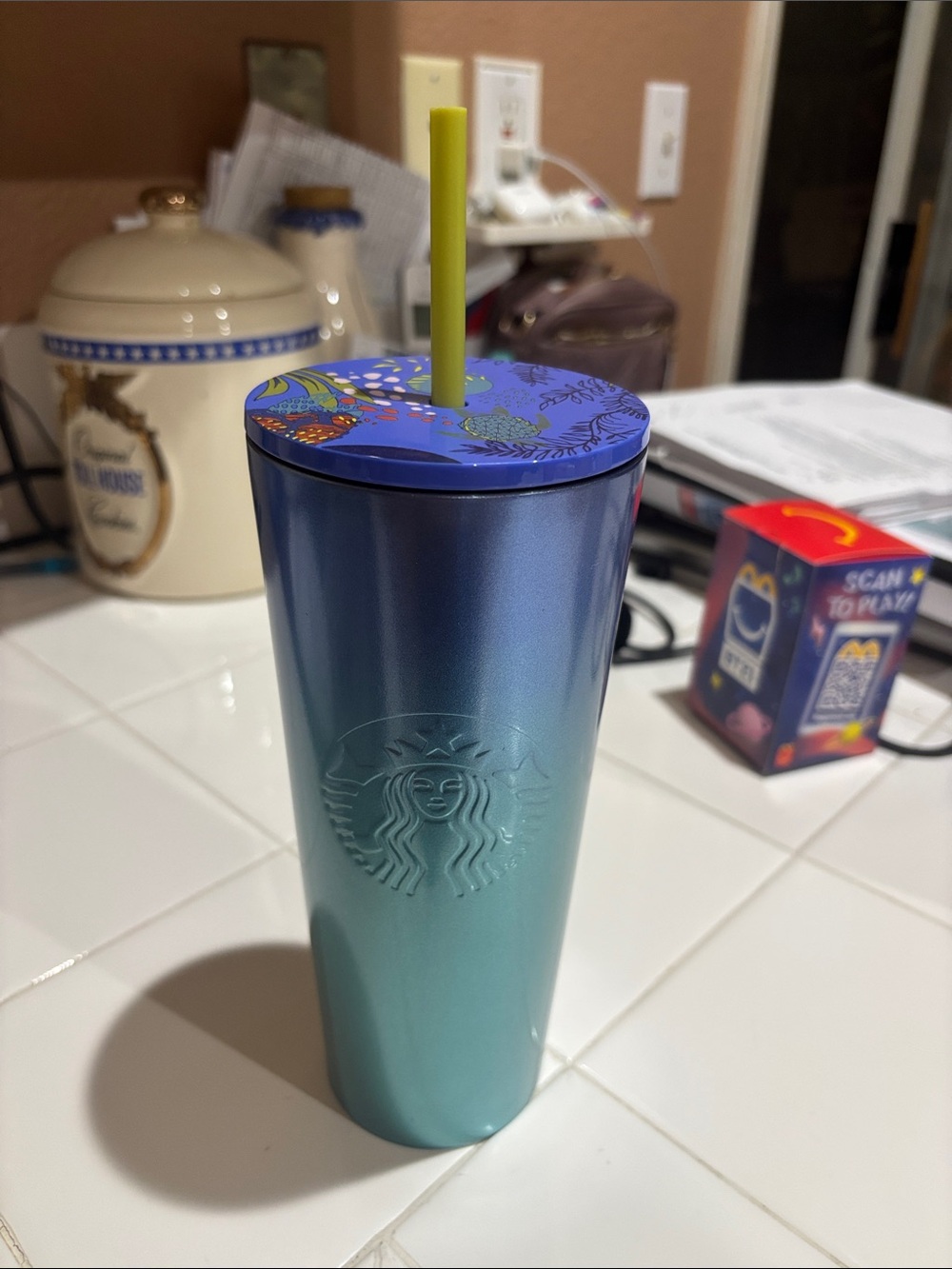 Starbucks Blue-Green Iridescent Tumbler with Decorative Lid and Yellow Straw
